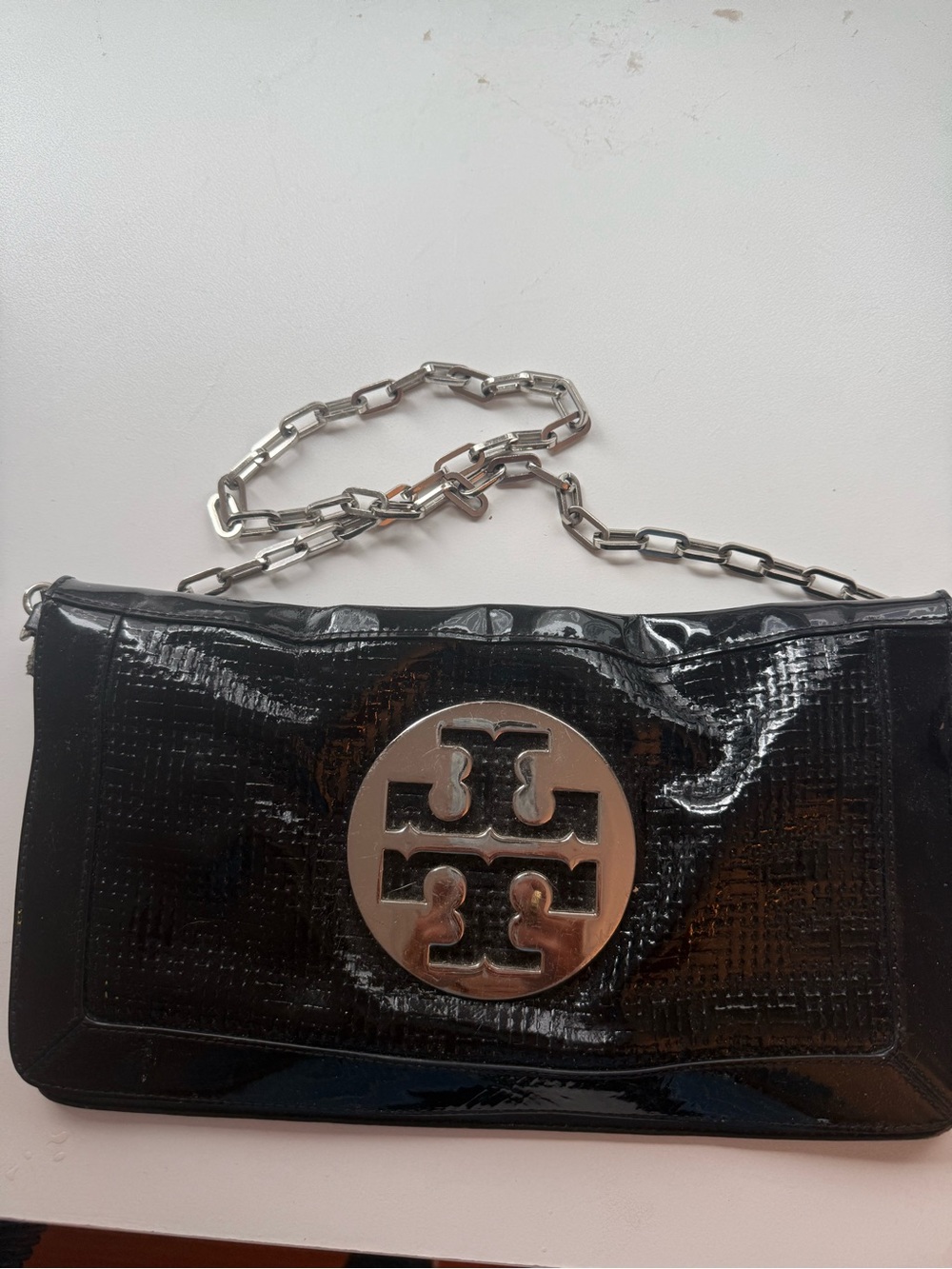 Tory Burch Black Patent Shoulder Bag with Silver Logo
